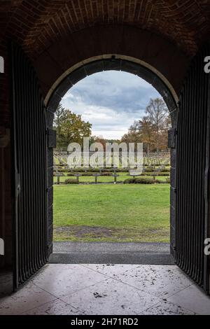 Lommel, Belgium - October 31, 2021: The largest German War Cemetery (Kriegsgraberstatte) and memorial site in Western Europe. Limburg Province. Autumn Stock Photo