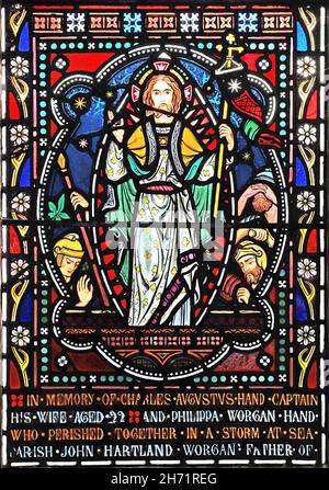 A stained glass window by Frederick Preedy depicting The Resurrection of Christ, St Peter's Church, Willersey, Gloucestershire Stock Photo