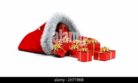 Christmas bag full of red gifts 3D rendering white background Stock Photo