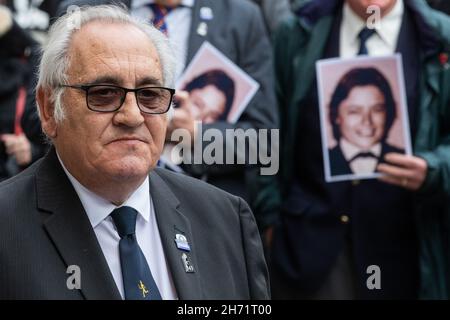 London, UK. 16th November, 2021. Retired police officer John Murray is interviewed outside the High Court after winning a civil claim for a nominal amount of £1 against Saleh Ibrahim Mabrouk, a former minister in Muammar Gaddafi’s Libyan government, for assault and battery in relation to the killing in April 1984 of his former colleague PC Yvonne Fletcher. Mr Mabrouk was found jointly liable for PC Fletcher's shooting by a High Court judge. Credit: Mark Kerrison/Alamy Live News Stock Photo