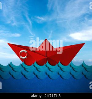 Red paper boat with a white and red lifebuoy in the blue waves of the sea with blue sky and clouds on background. Photography and 3D illustration. Stock Photo