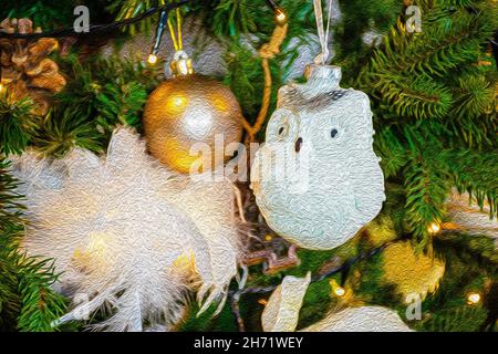 Oil painting Christmas ornaments in Pine tree. Stock Photo
