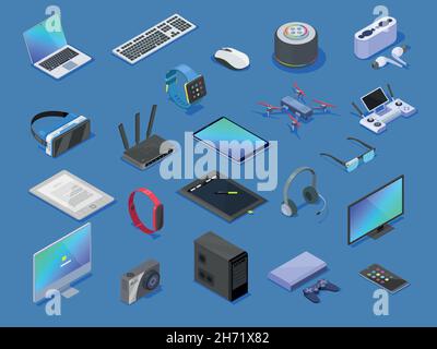 Modern wireless technologies, smart devices. Different electronic gadgets for communication playing music photo and other functions. Stock Vector