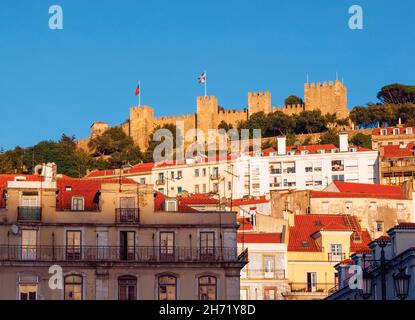 Lisbon, Portugal. Castelo de Sao Jorge seen from Praca da Figueira.  Castle of St George seen from the Figueira Square. Stock Photo