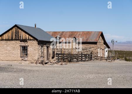 The Grant House stagecoach station and Stratford Hotel on Avon Street in the old ghost town of Shakespeare, New Mexico. Stock Photo