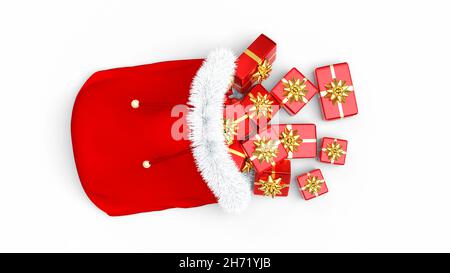 Christmas bag full of red gifts 3D rendering white background Stock Photo