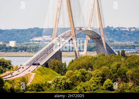 Close-up view on the deck of the Normandy bridge, a cable-stayed road bridge over the Seine river linking Honfleur to Le Havre in France. Stock Photo