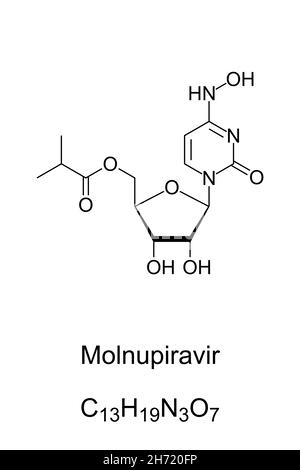 Molnupiravir, chemical formula and skeletal structure. Antiviral medication. Inhibits the replication of certain RNA viruses. Prodrug. Stock Photo