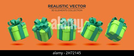 Set of Realistic green gifts boxes isolated on a orange background. 3d illustration of five springly green gift boxes with bows and ribbons, Festive decorative 3d render object Realistic vector decor Stock Vector