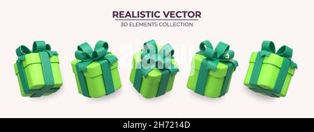 Set of Realistic green gifts boxes isolated on a light background. 3d illustration of five springly green gift boxes with bows and ribbons, Festive decorative 3d render object Realistic vector decor Stock Vector