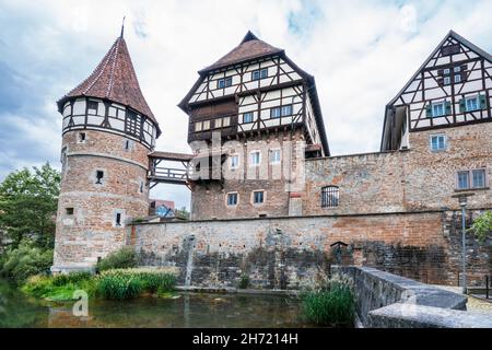 Castle Zollernschloss Balingen with moat and water barrage and reflection in water, Germany Stock Photo