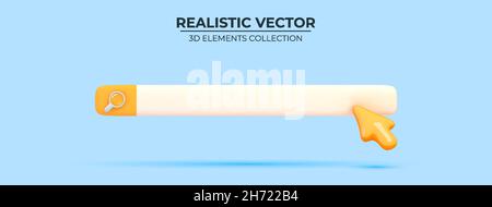 Search bar design element on blue background. Navigation search for browser. Realistic 3d arrow, cursor. Trendy yellow and blue colors. Design in cartoon style. Vector illustration Stock Vector