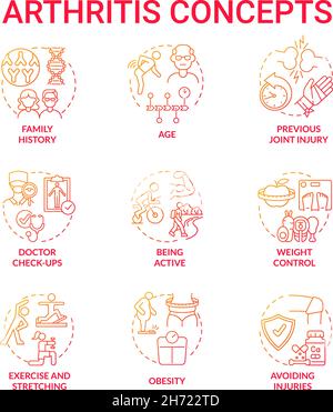 Arthritis red gradient concept icons set Stock Vector