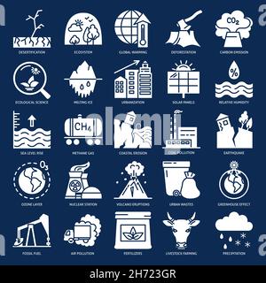 Global warming icon set in flat style. Ecology problems and environment protection. Vector illustration. Stock Vector