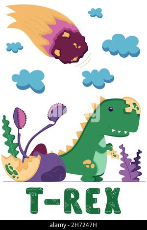 A postcard with a newborn tyrannosaurus and an asteroid approaching the earth. Mesozoic era, Cretaceous period, dinosaur egg, wild plants in a flat Stock Vector