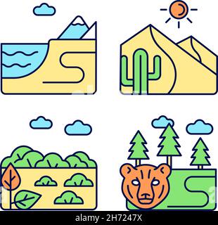 Natural landforms RGB color icons set Stock Vector