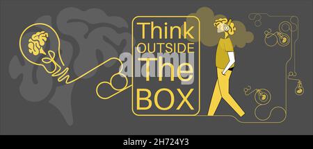 Motivational Typographic Quote - Think Outside The Box concept Vector Typographic Design with lightbulb and brain logos. Stock Vector