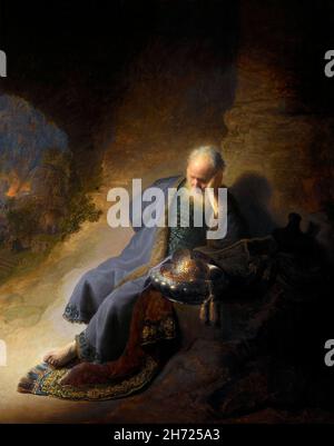 Jeremiah Lamenting the Destruction of Jerusalem, painting by Rembrandt van Rijn (1606-1669), oil on panel, 1630 Stock Photo