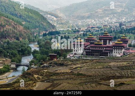 RIce fields being readied for planting in front of the Thimphu Dzong in Thimphu, Bhutan. Stock Photo