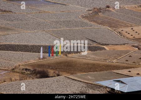 Buddhist prayer flags in agricultural fields being prepared for planting near Punakha, Bhutan.  Piles of manure fertilizer dot the fields at right. Stock Photo