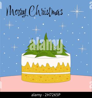 christmas card with cake christmas trees snowfall on a blue background Stock Vector