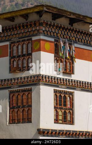 Detail of the Buddhist architecture of the Dechen Phodrang Monastery in Thimphu, Bhutan. Stock Photo