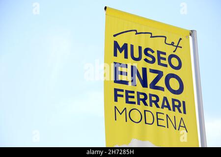 Modena, Italy, April 3, 2019, a yellow banner advertising Museo Enzo Ferrari museum Stock Photo