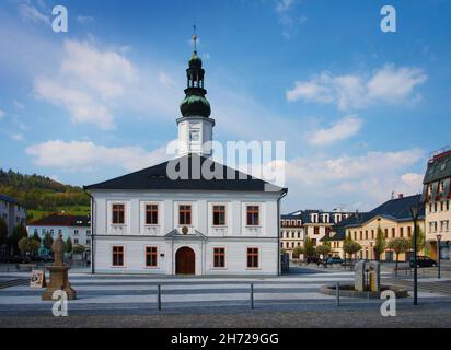 The square and town hall in the town of Jesenik in Moravia in the Czech Republic. Stock Photo