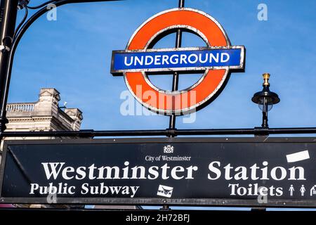 Victoria Westminster London England UK, November 7 2021, Entrance And Sign for Westminster Underground Station City Of Westminster London Stock Photo