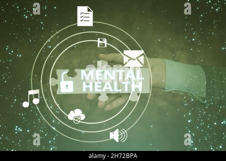 Sign displaying Mental Health. Business idea persons condition regard to their psychological well being Hand Holding Jigsaw Puzzle Piece Unlocking New Stock Photo