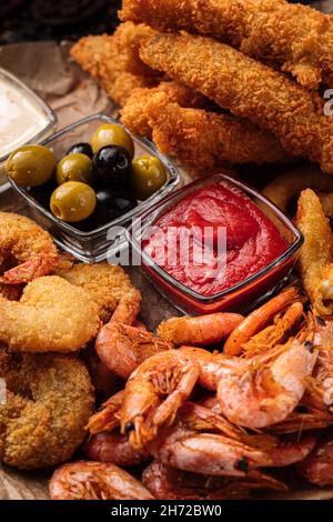 Assorted deep fried beer snacks appetizer set Stock Photo