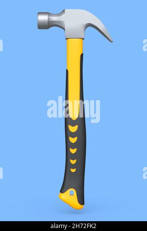 Black and yellow hammer with a rubberized handle isolated on blue background. 3d render and illustration of tool for repair and building Stock Photo