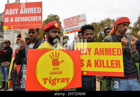London, UK. 19th Nov, 2021. Protesters from Tigray hold placards during the demonstration.Tigrayans protested at Parliament Square in London to denounce Ethiopian government actions against Tigray population. Credit: SOPA Images Limited/Alamy Live News Stock Photo