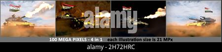 Syrian Arab Republic army concept - 4 highly detailed pictures of heavy tank with fictional design with Syrian Arab Republic flag, military 3D Illustr Stock Photo