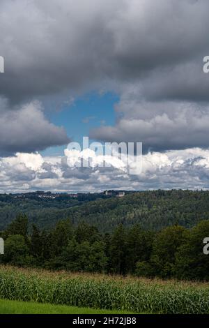 Small village on a hill in the middle of the forest and a field of corn Stock Photo