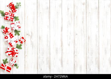 Christmas banner. Gift boxes on wooden background Stock Photo