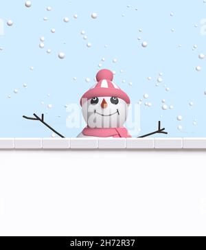 Cute cartoon snowman holding blank banner. 3D image Stock Photo