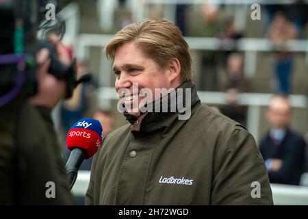 Ascot, Berkshire, UK. 19th November, 2021. This was a special day for racehorse trainer Dan Skelton (pictured) as today he celebrated having his 1,000th win with horse Faivoir ridden by jockey Harry Skelton winner of the Windsor Horse Rangers Novices' Limited Handicap Steeple Chase. Faivoir owner Mrs Suzanne Lawrence. Trainer Dan Skelton, Alcester. Credit: Maureen McLean/Alamy Live News Stock Photo