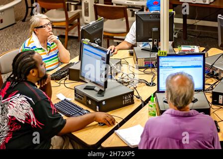 Library patrons use computers at Columbus-Lowndes Public Library, July 23, 2011, in Columbus, Mississippi. Stock Photo