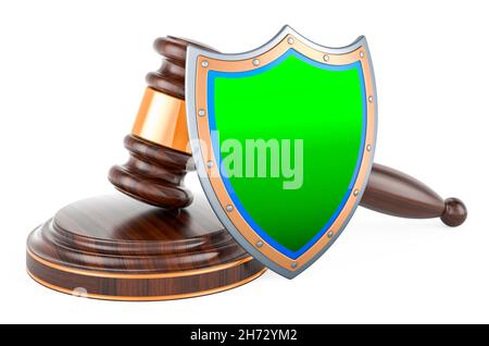 Wooden gavel with shield, 3D rendering isolated on white background Stock Photo