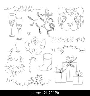 Xmas 2022 design elements collection in continuous one line drawing style. Set with Christmas tree, tiger head, mistletoe, gifts, lights, and Stock Vector