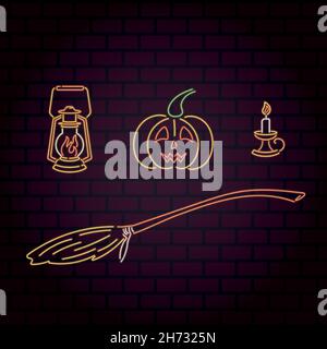 Bright neon set of pumpkin, broom, candle, lamp. Halloween yellow, red collection of icons Stock Vector