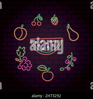 Bright neon set of fruits and berries. Summertime collection of icons Stock Vector