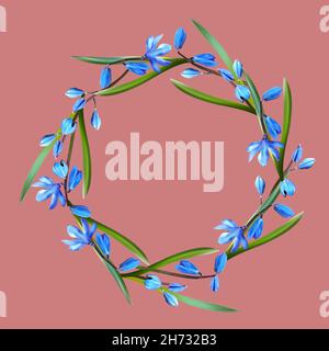 Wreath, frame of blue snowdrops on a pink background Stock Vector