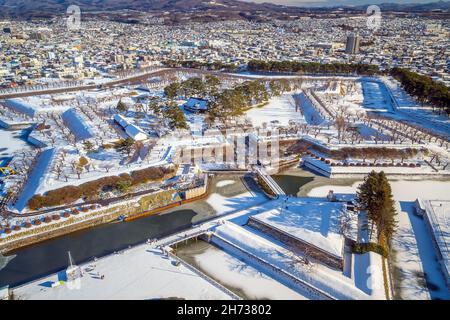 Snow Covered Goryokaku in downtown Hakodate city Hokkaido Stock Photo