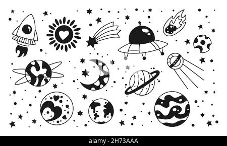 Space doodle sketch set with planets, rocket, spaceship, ufo, comet and stars. Astronomical hand drawn doodle night sky children spacecraft. Retro astronomy celestial bodies vector illustration Stock Vector