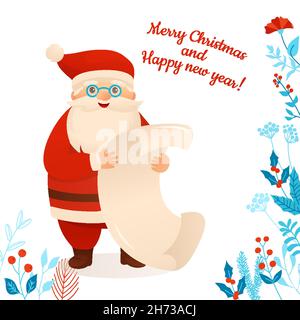 Santa Claus holding wish list, cartoon Christmas greeting card. Funny xmas character with reading empty checking sheet letter. Happy New Year congratulation for xmas postcard, advertisement, leaflet Stock Vector