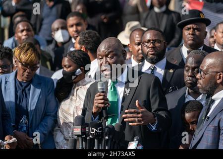Attorney Ben Crump, addresses more than 500 black pastors and supporters demanding justice for slain black jogger Ahmaud Arbery outside the Glynn County Courthouse November 18, 2021 in Brunswick, Georgia. The trial of defendants Greg McMichael, Travis McMichael, and a neighbor, William 'Roddie' Bryan continued inside the courthouse. Stock Photo