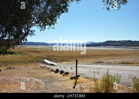 Lake Mendocino, north end at launching rand during drought with water 1/4 mile from ramp Stock Photo