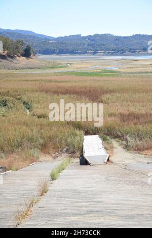 Lake Mendocino, north end at launching rand during drought with water 1/4 mile from ramp Stock Photo